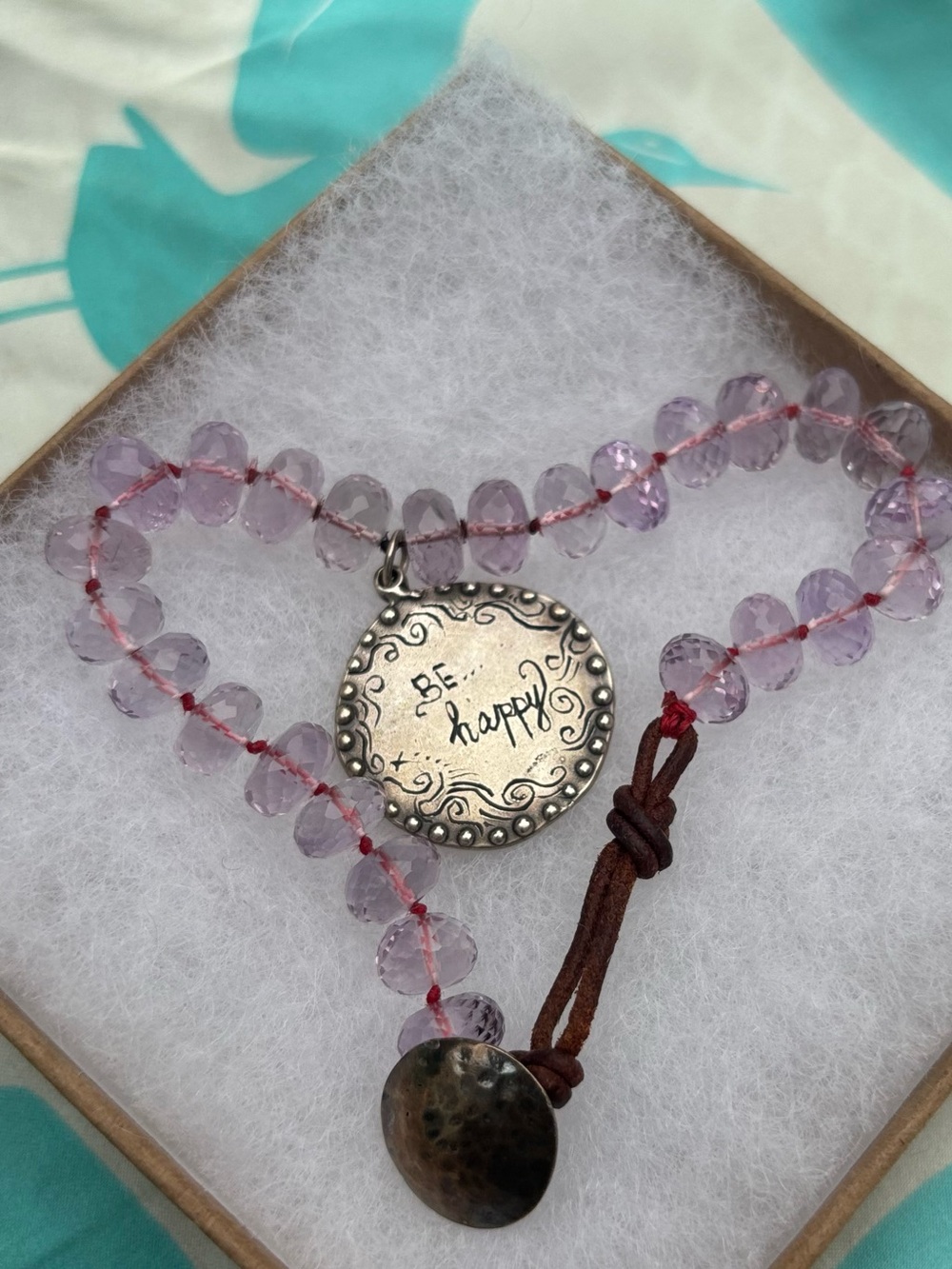 Jes Maharry pink quarts beads bracelet with S 'Be Happy' silver charm